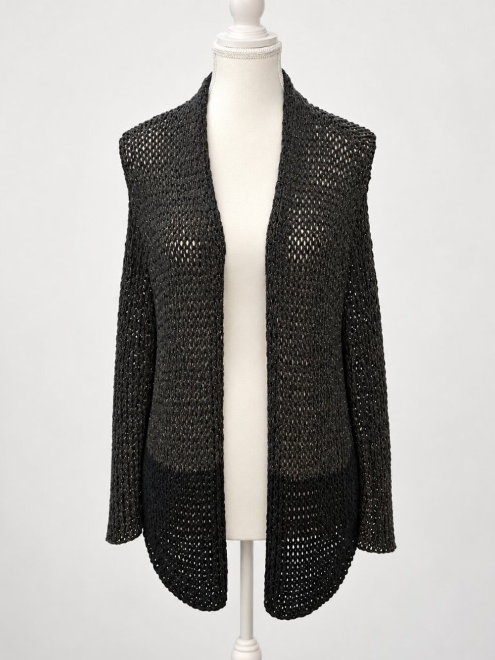 Eileen Fisher black open-knit sleeveless cardigan/vest, size L/G.